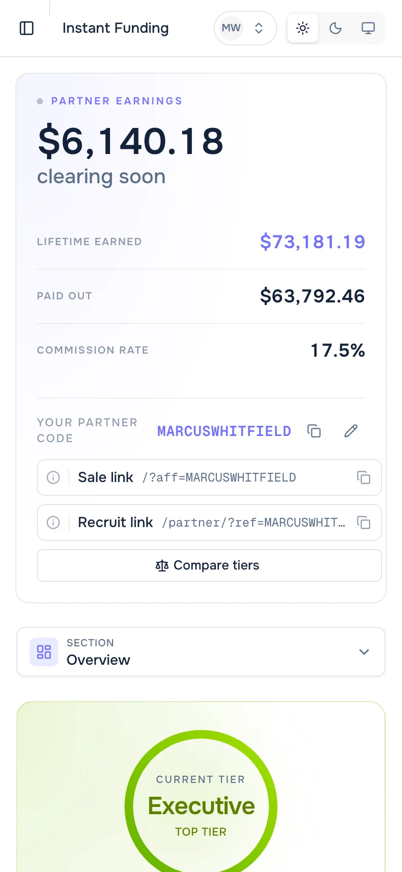The partner dashboard on a phone: earnings clearing, lifetime earned, paid out, commission rate, the partner code with its sale and recruit links, and the Executive tier ring.
